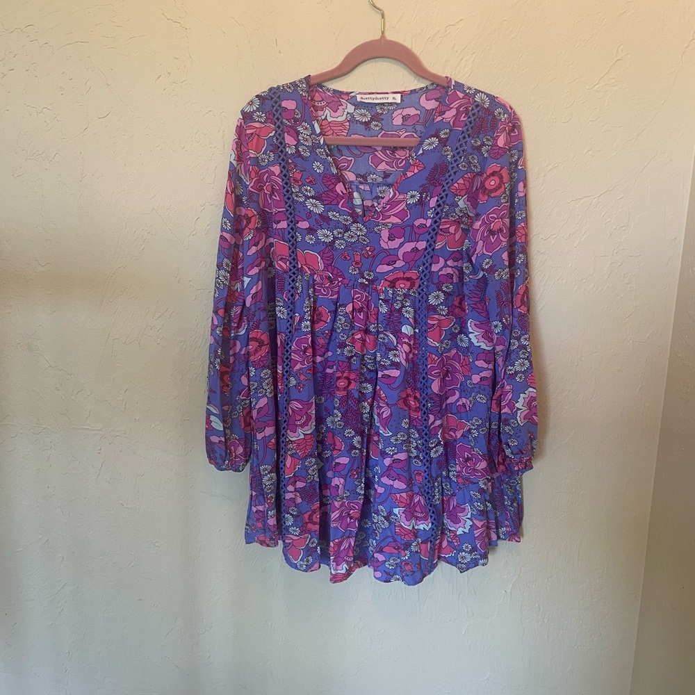 Boho Floral V-Neck Tunic Blouse in Purple and Pink